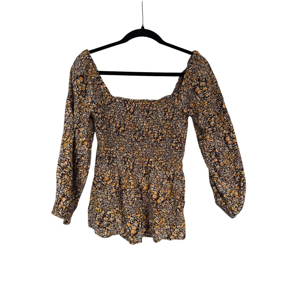 Madewell Smocked Peplum Top Floral Square Neck Long Sleeve Cotton Orange Size 00